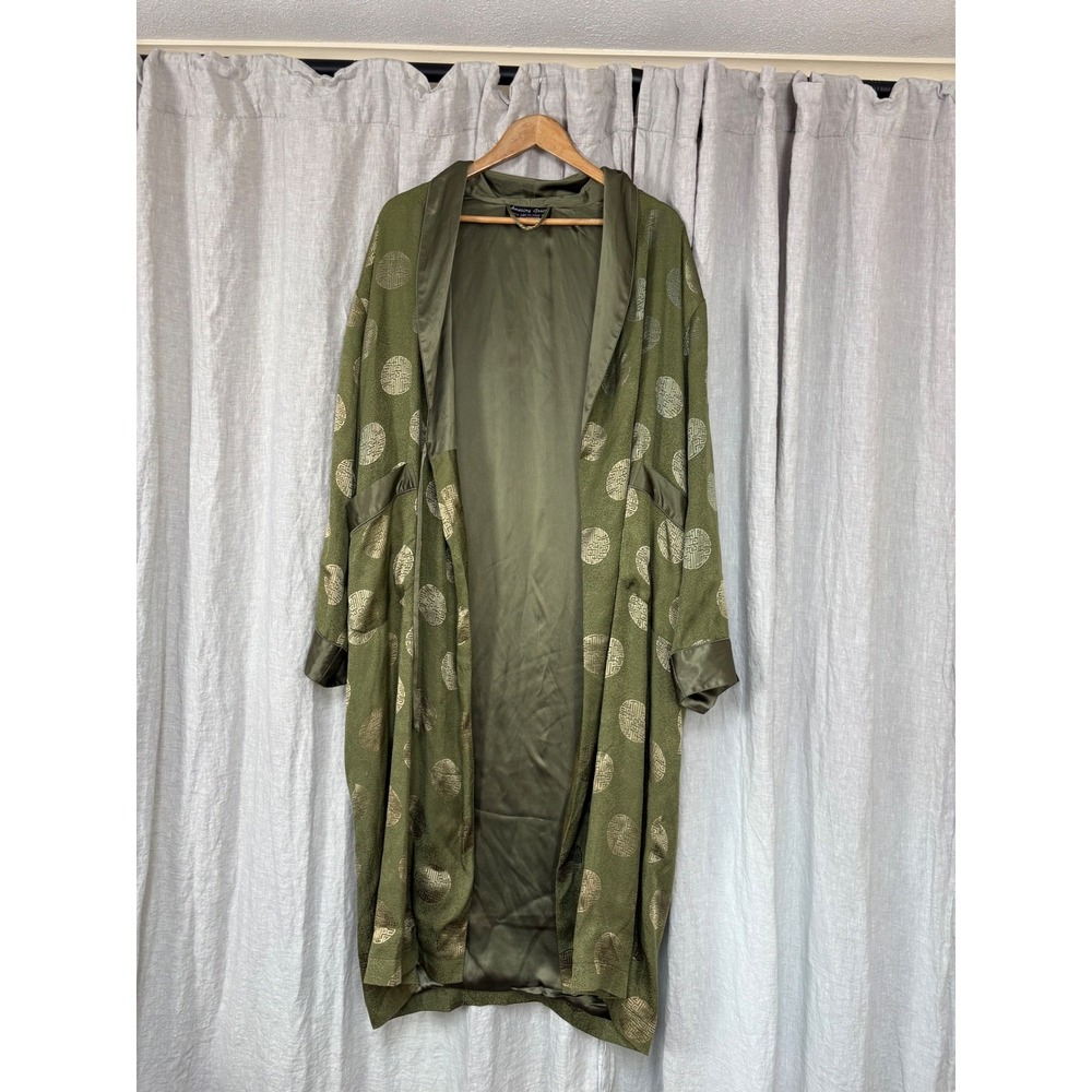 Boho Kimono Style Duster Womens Green Satin Trim Lightweight Open Front Robe
